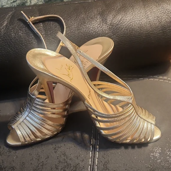 Christian Louboutin Metallic Gold Strappy Slingback Heels - Picture 1 of 6